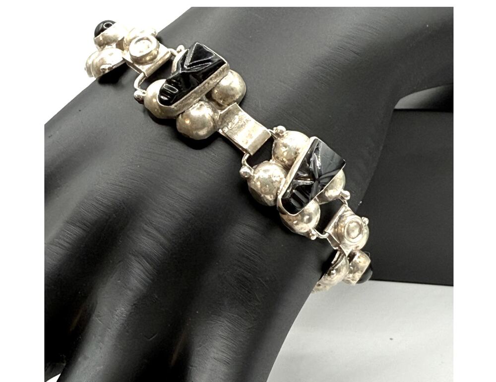 Vintage 925 Sterling Silver Mexico Warrior Onyx Bracelet